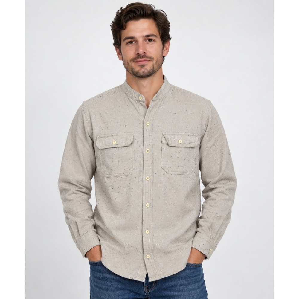 Madewell Mens M Beige Speckled Cotton Flannel Band Collar Work Shirt